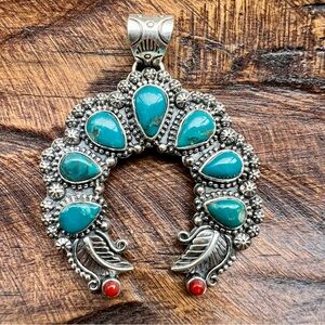 Sterling Silver Kingman  Turquoise Coral Naja Pendant Southwestern Statement
